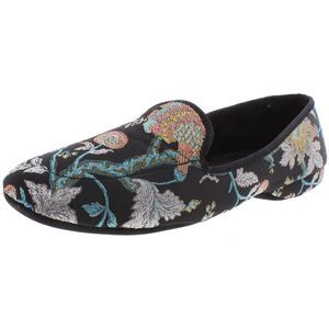 Daniel Green Womens Meg Black Satin Floral Slip On Loafer Slippers Shoes NWT